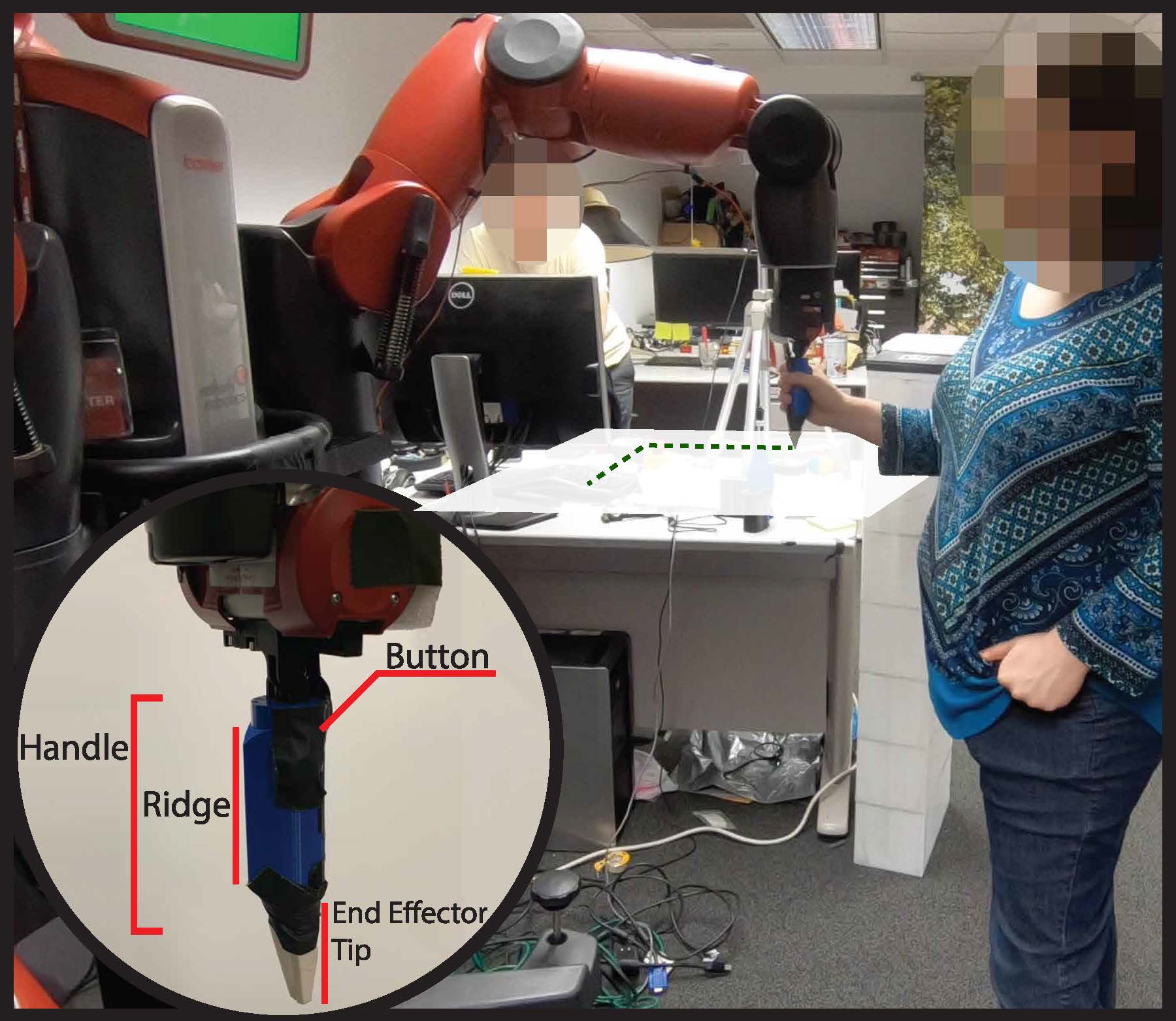 A person with a visual impairment (face blurred) interacting with a stationary robot whose gripper has a ridge to point direction and a button.